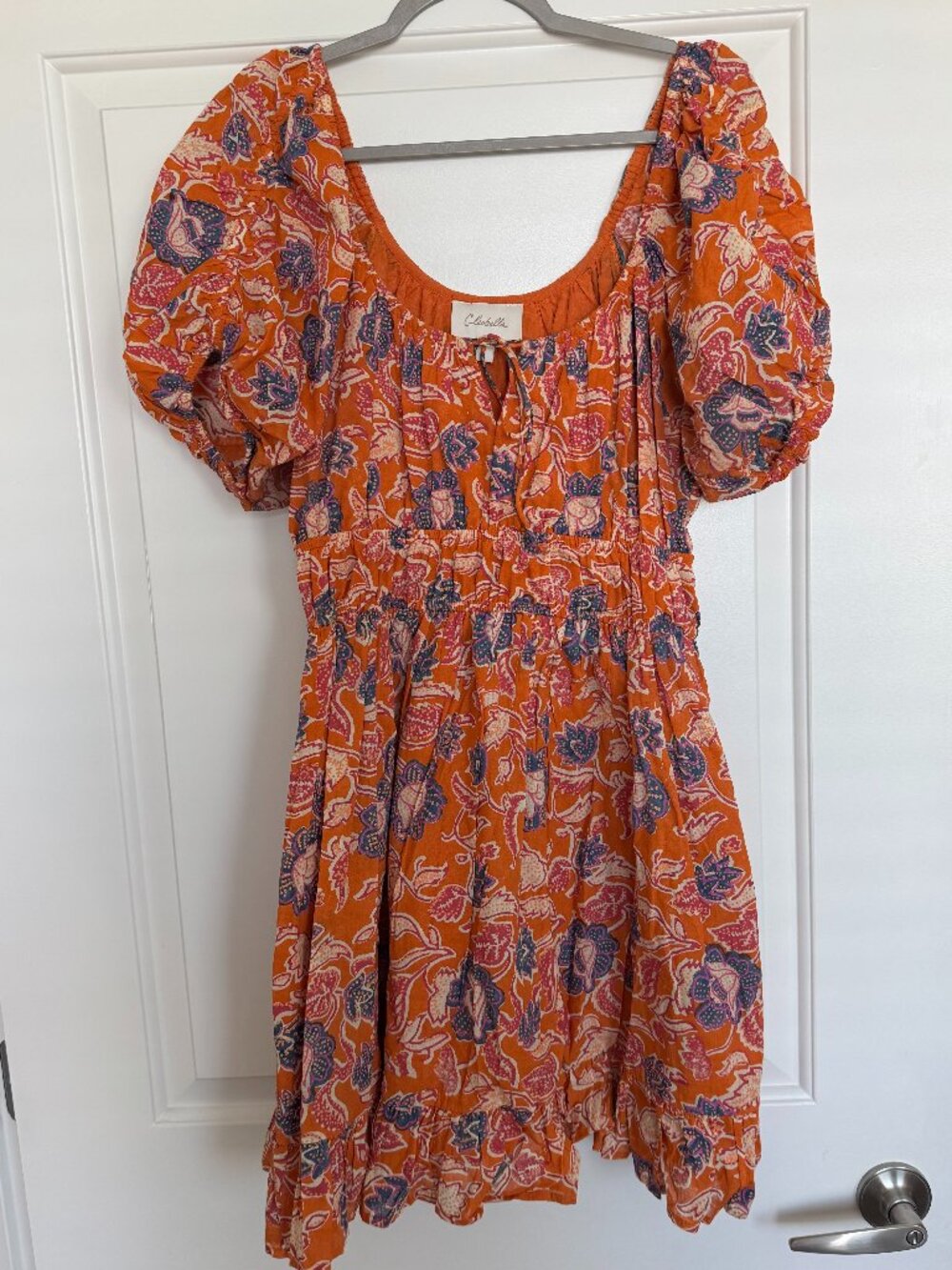 Cleobella Orange Floral Puff Sleeve Mini Dress Size Large